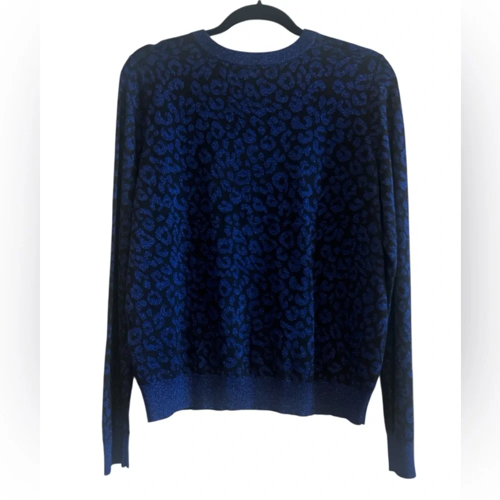 Banana Republic Black And Blue Leopard Print Round Neck Long Sleeve Sweater Lg